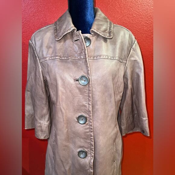 Vince brown leather peacoat 3/4 sleeves size large coat jacket - Picture 2 of 10